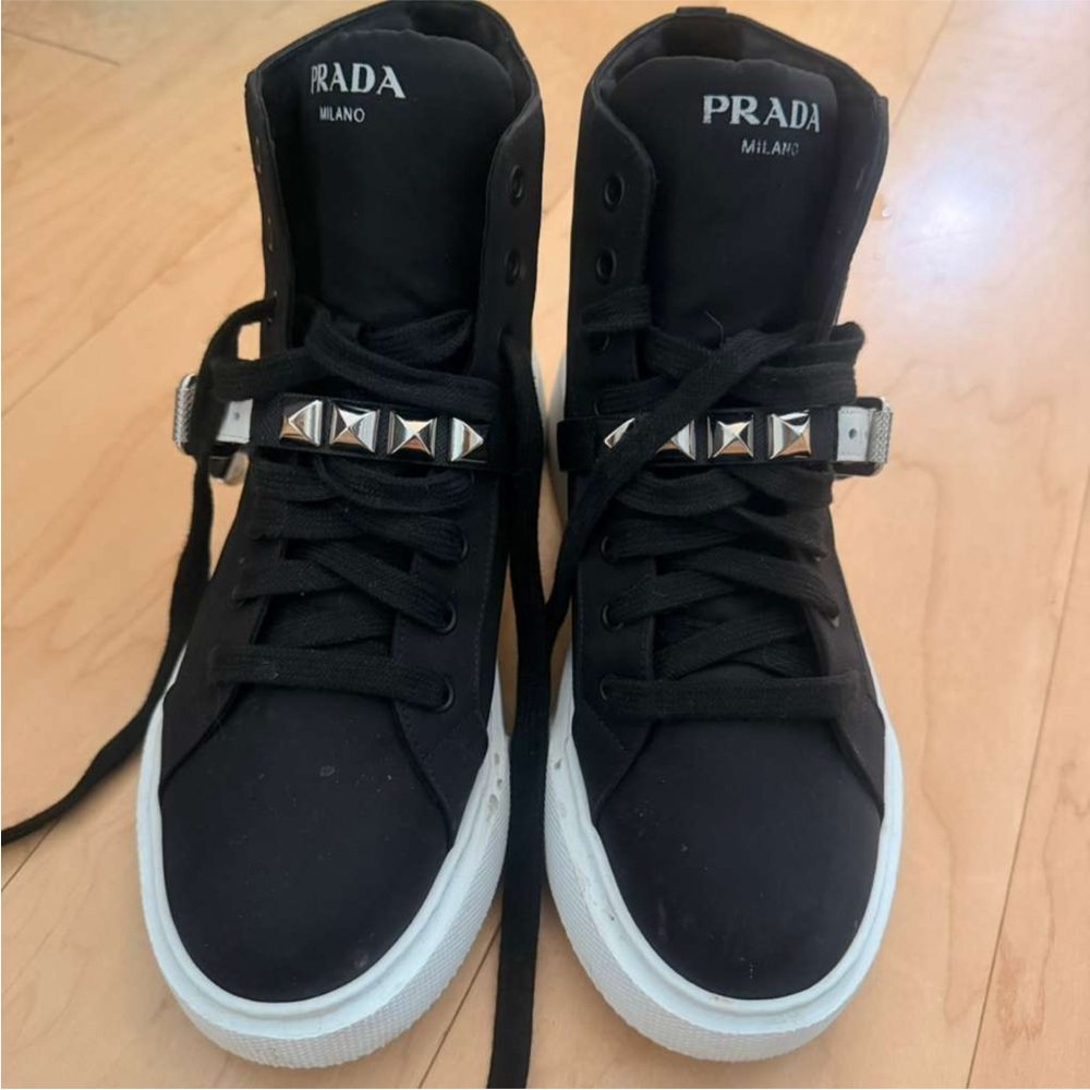Prada Black and White Platform High-Top Sneakers - Picture 4 of 8